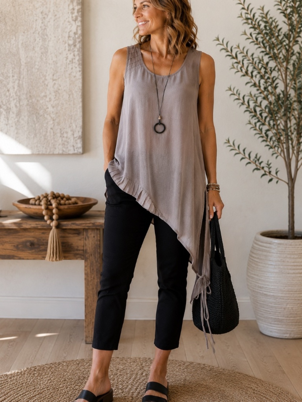 NWT Tara Vao Asymmetrical Tunic Top L Taupe Lagenlook ECOVERO